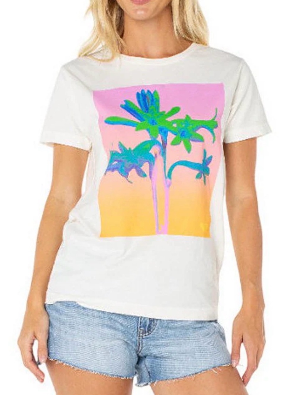 🌻 Roxy Tuberose White Tee with Pink-Orange Gradient Floral Graphic Large
